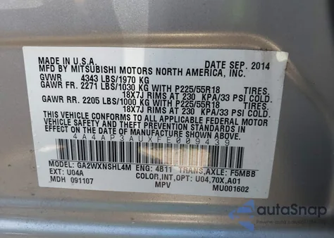 2015 Mitsubishi Outlander Sport Es z USA, uszkodzony, nr VIN 4A4AP3AUXFE009439